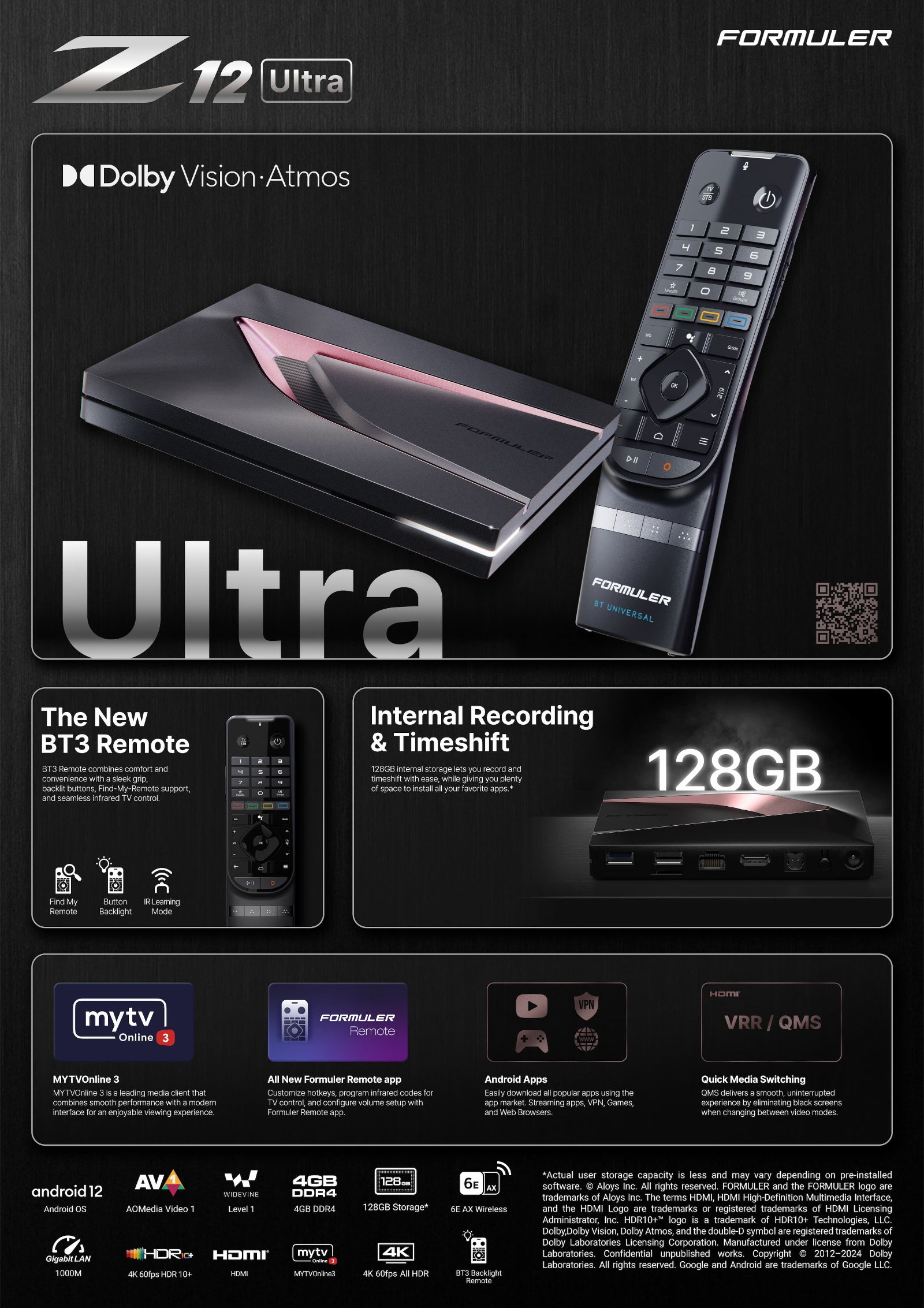 Formuler Z12 Ultra — official high-resolution marketing leaflet showing the flagship 4K Android streaming box with Dolby Vision, Dolby Atmos, 128GB storage, Wi-Fi 6E, BT3 backlit voice remote, MYTVOnline 3, and full tech specs