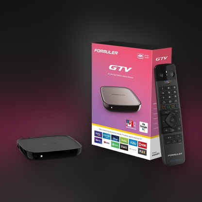 Formuler GTV 4K Android TV streaming box, sealed retail box, unit and GTV-BT1 voice remote
