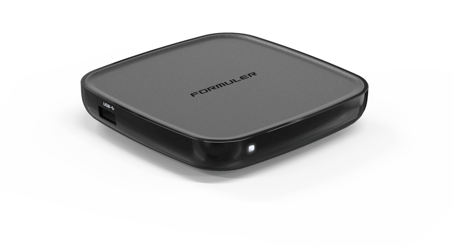 Formuler GTV 4K perspective view — Google TV streaming box with Chromecast built-in. Authorized Formuler distributor for Canada and the USA.