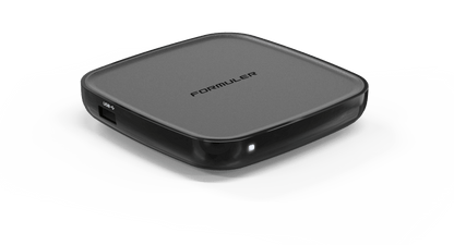 Formuler GTV 4K perspective view — Google TV streaming box with Chromecast built-in. Authorized Formuler distributor for Canada and the USA.