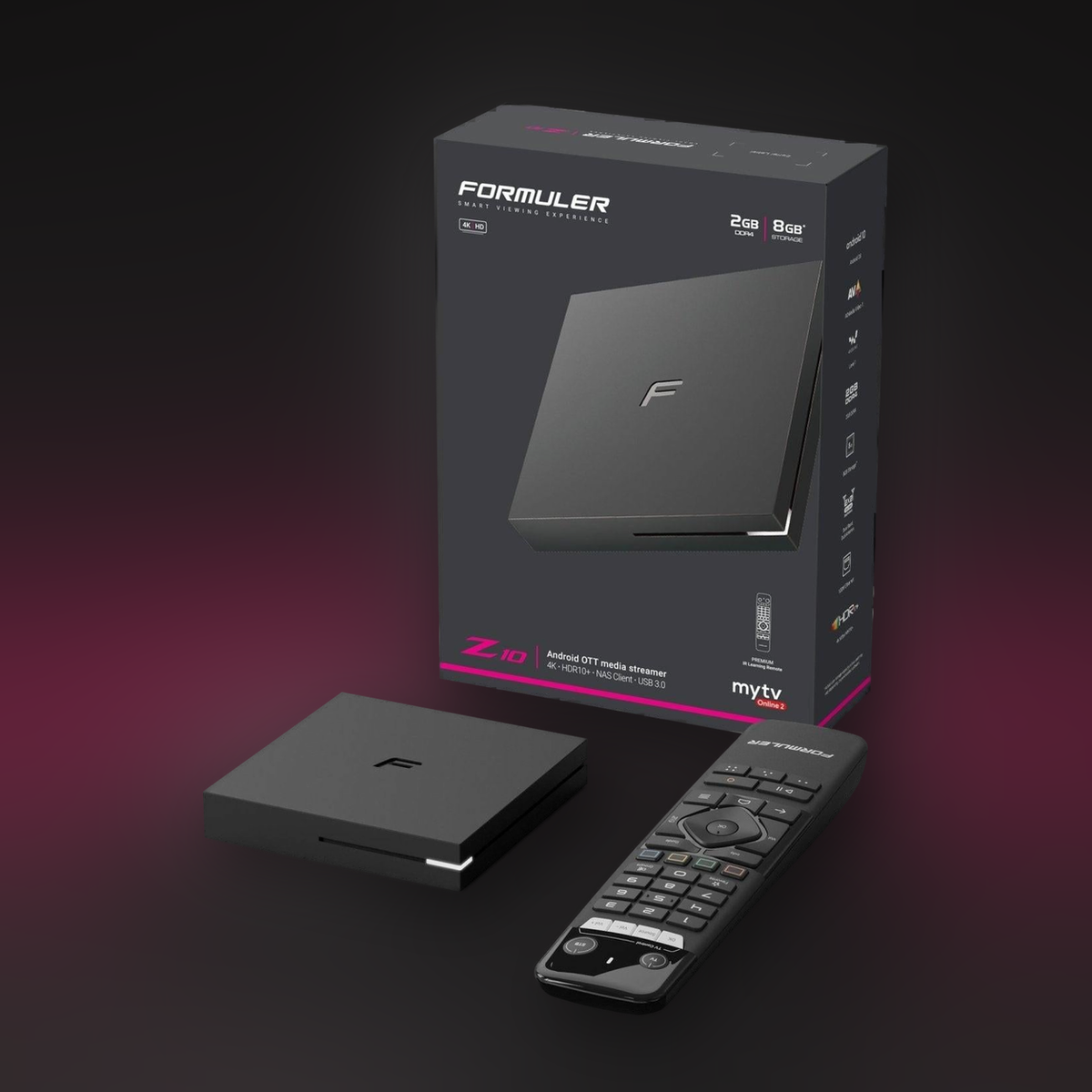 Formuler Z10 4K HDR streaming box, sealed retail box, unit and GTV-IR1 remote