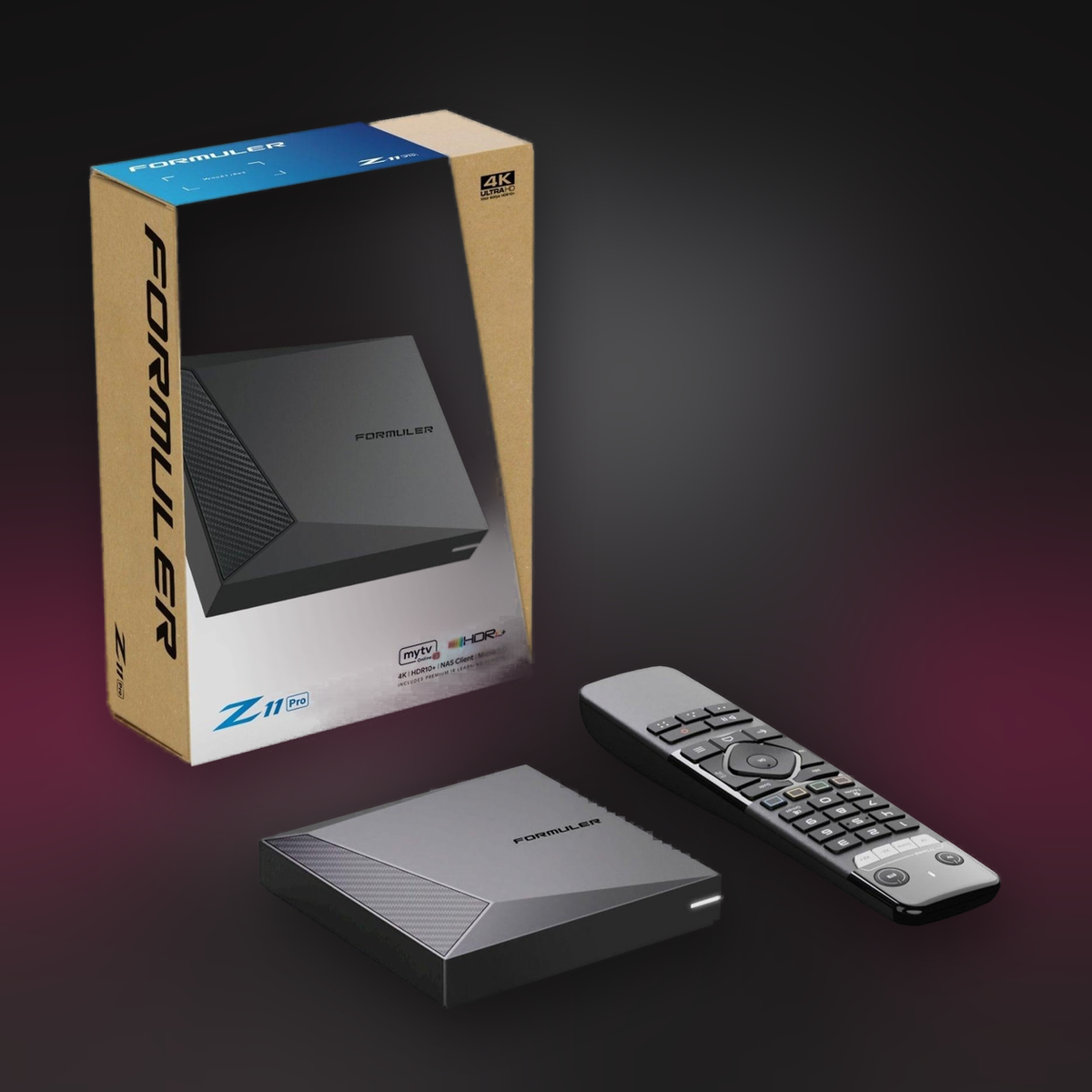 Formuler Z11 Pro 4K streaming box, sealed retail box, unit and GTV-IR1 remote