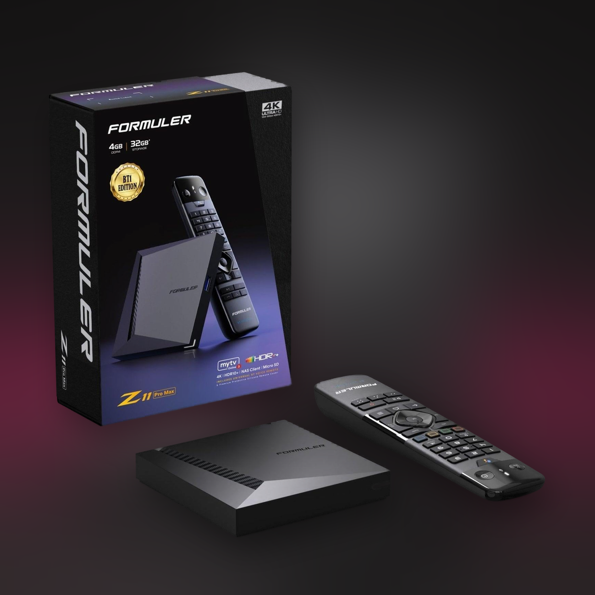 Formuler Z11 Pro Max BT1 Edition 4K streaming box, sealed retail box, unit and GTV-BT1 voice remote