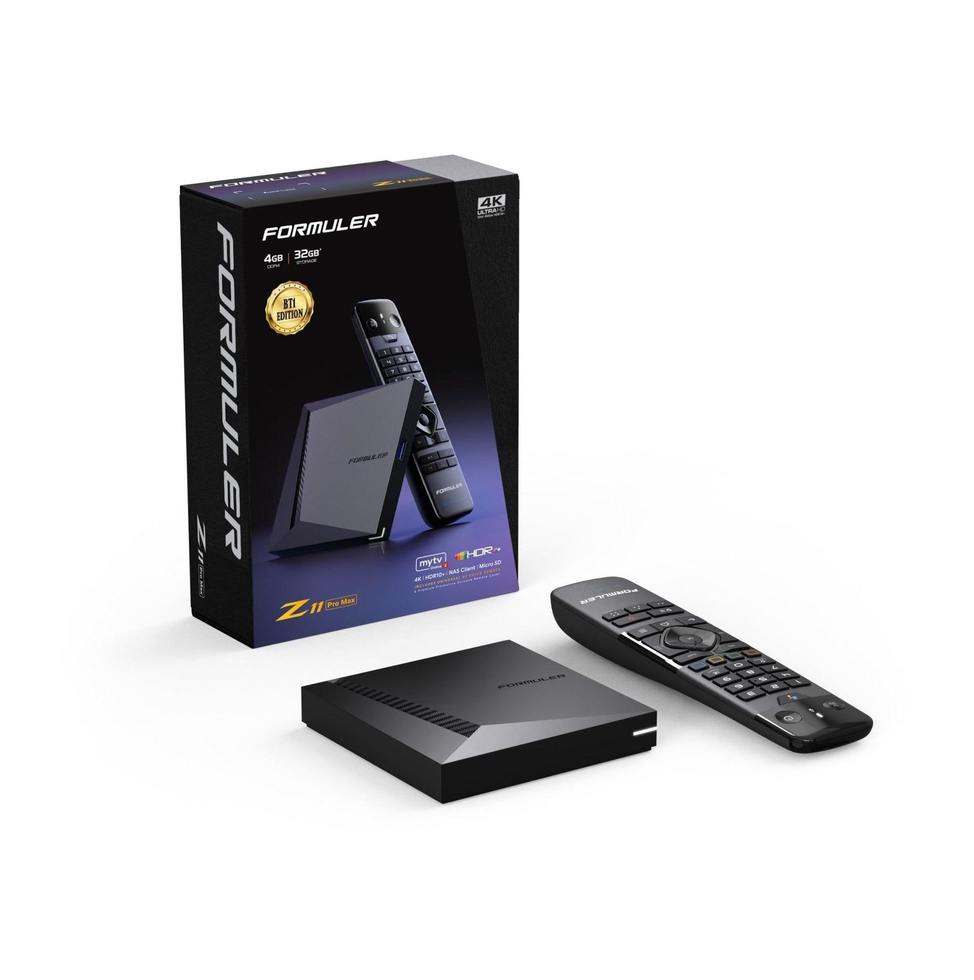 Formuler Z11 Pro Max BT1 front view — 4K HDR Android TV streaming box with voice remote. Authorized Formuler distributor for Canada and the USA.