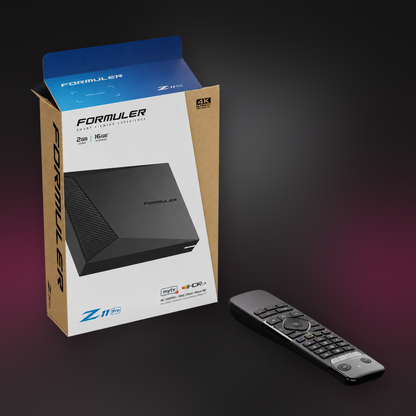Open Box Formuler Z11 Pro 4K Android streaming box with opened retail box and GTV-IR1 remote