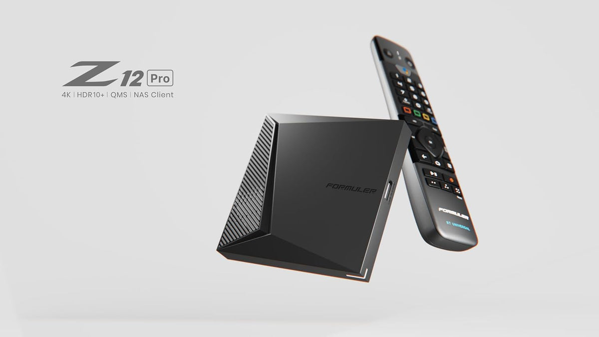 Formuler Z12 Pro open box standing beside the GTV-BT1 voice remote